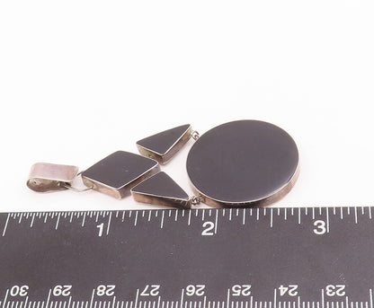 925 Sterling Silver Vintage Pendant Geometrical Shapes Cutout Inlay Onyx PT22840