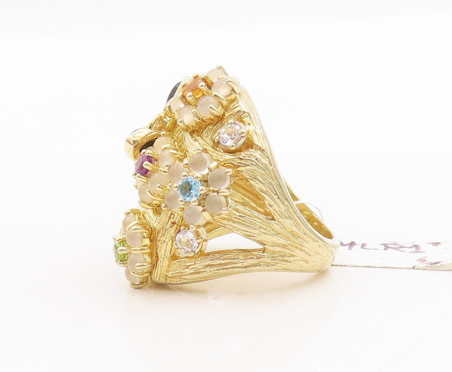 925 Sterling Silver Vintage Ring Gold Plated Floral Inlay Gemstone Sz 7  RG29078