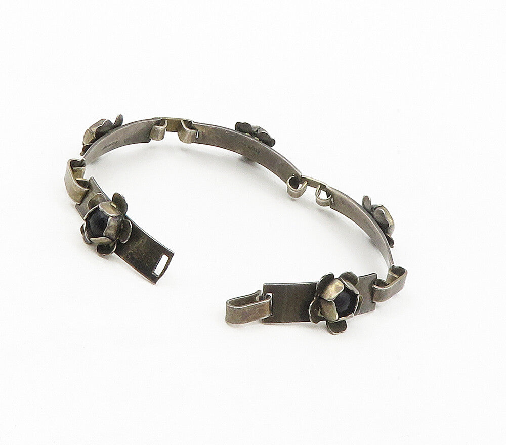 925 Sterling Silver  Vintage Antique Black Onyx Floral Chain Bracelet  BT6605