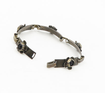 925 Sterling Silver  Vintage Antique Black Onyx Floral Chain Bracelet  BT6605