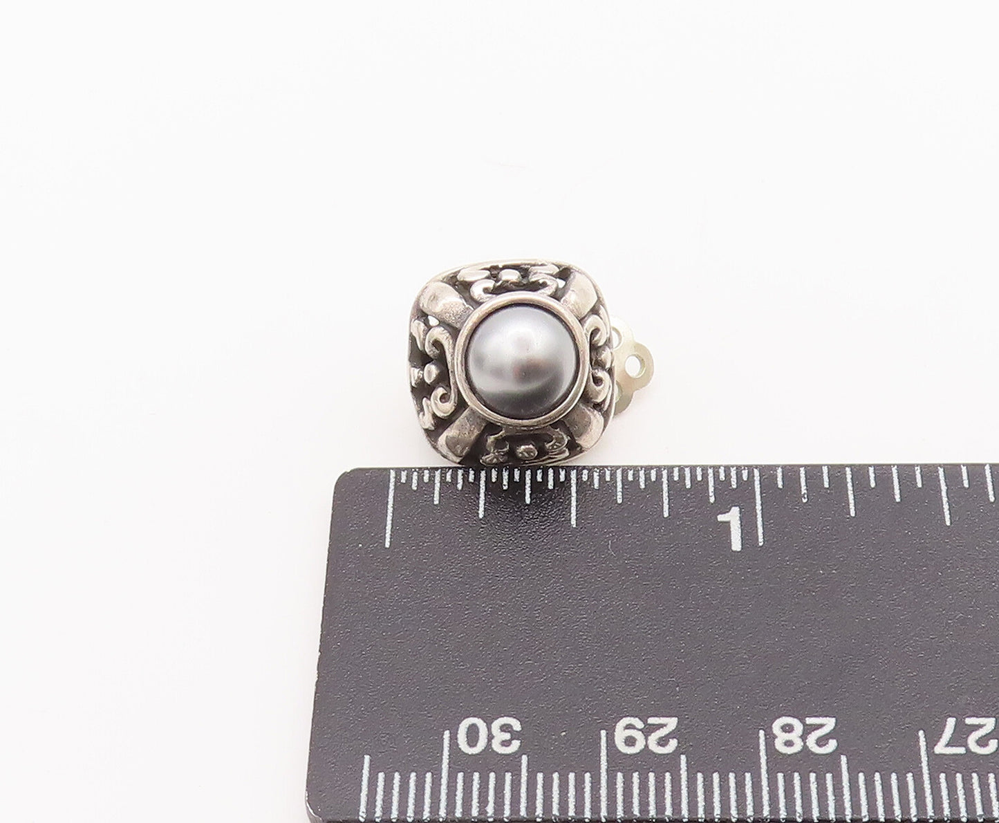 925 Sterling Silver Vintage Earrings Swirly Carved Square And Grey Pearl EG12884