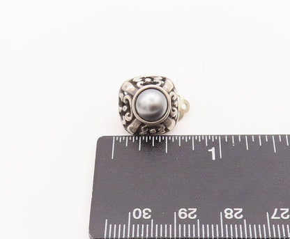 925 Sterling Silver Vintage Earrings Swirly Carved Square And Grey Pearl EG12884