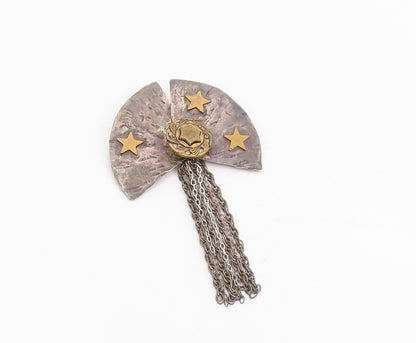 925 Sterling Silver Vintage Brooch Cosmic Fan Stars With Dangling Chain  BP12048