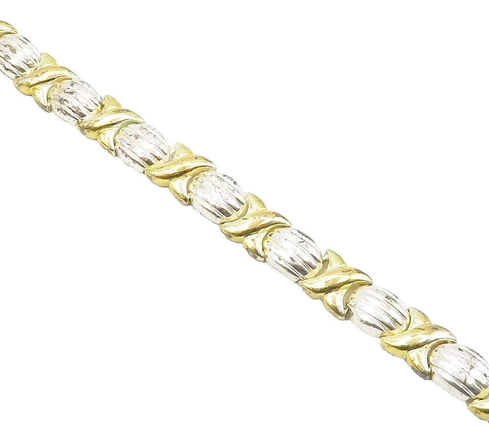 925 Sterling Silver  Vintage Two Tone XO Hugs & Kisses Chain Bracelet  BT6050