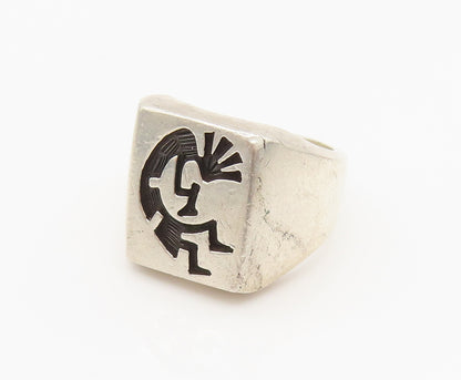 NAVAJO 925 Silver  Vintage Carved Kokopelli Dancer Signet Ring Sz 7.75 RG26264