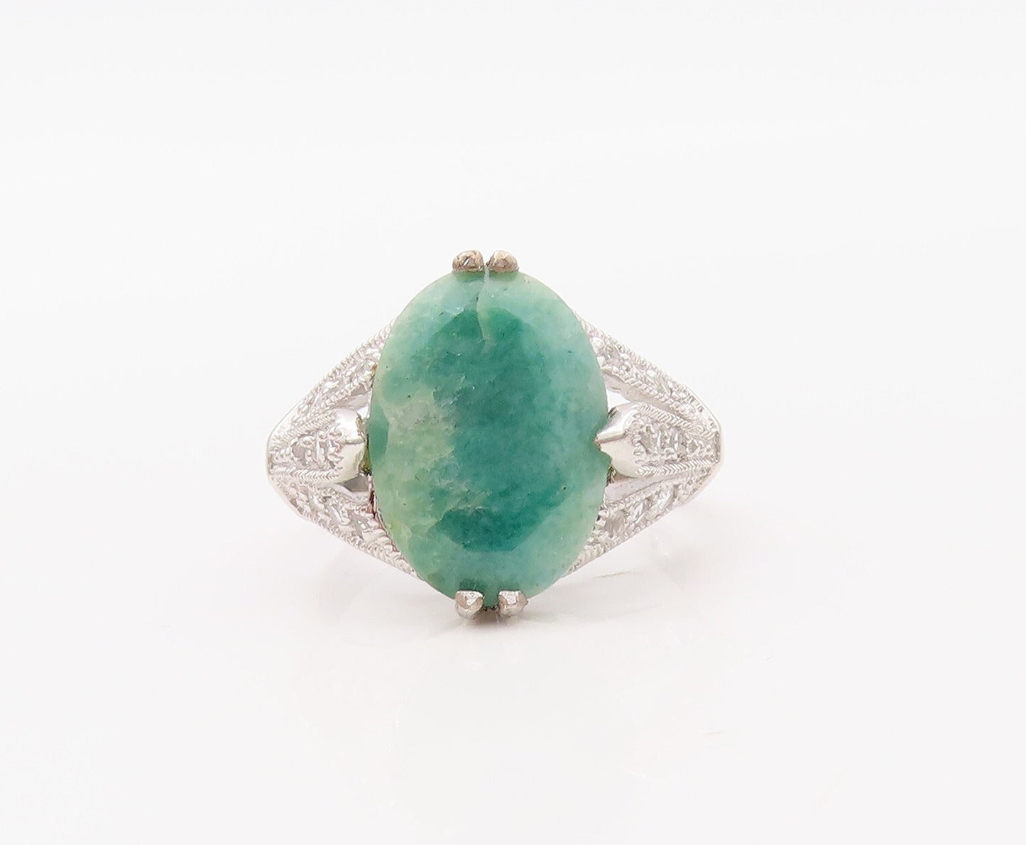 925 Sterling Silver Vintage Ring Oval Gemstone & CZ Cutout Neck Sz 7  RG30796