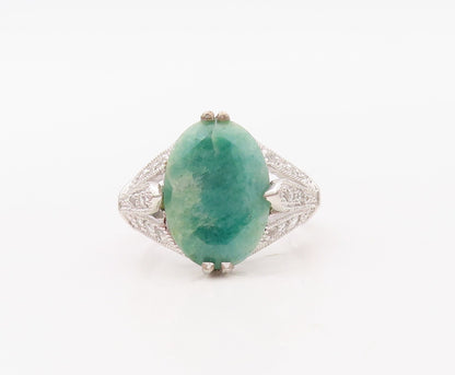 925 Sterling Silver Vintage Ring Oval Gemstone & CZ Cutout Neck Sz 7  RG30796