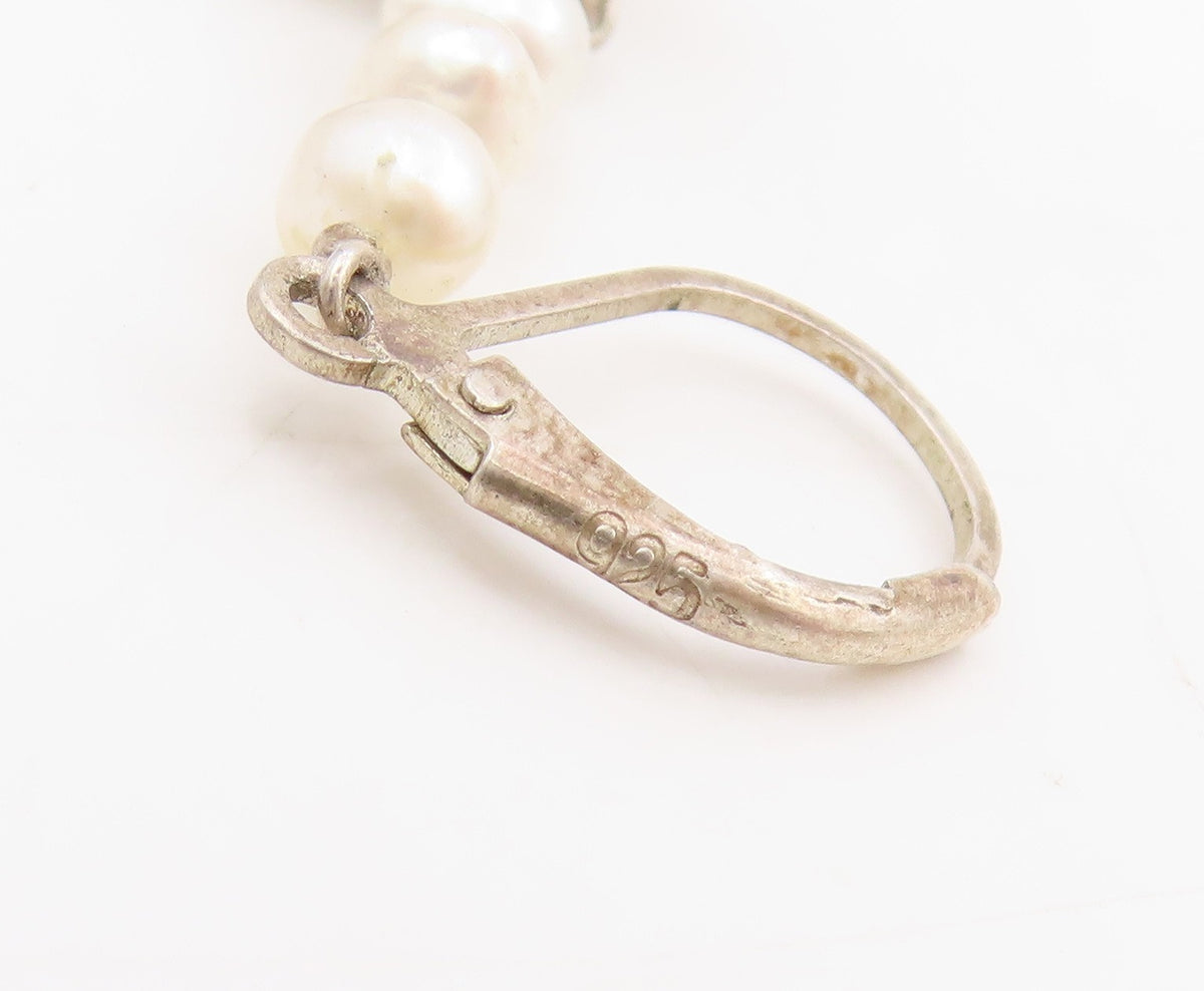 925 Sterling Silver Vintage Earrings Round Pearl Etched Floral Dangles  EG13804