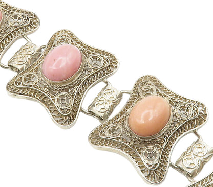 925 Sterling Silver Vintage Cabochon Cut Rhodochrosite Chain Bracelet BT5977
