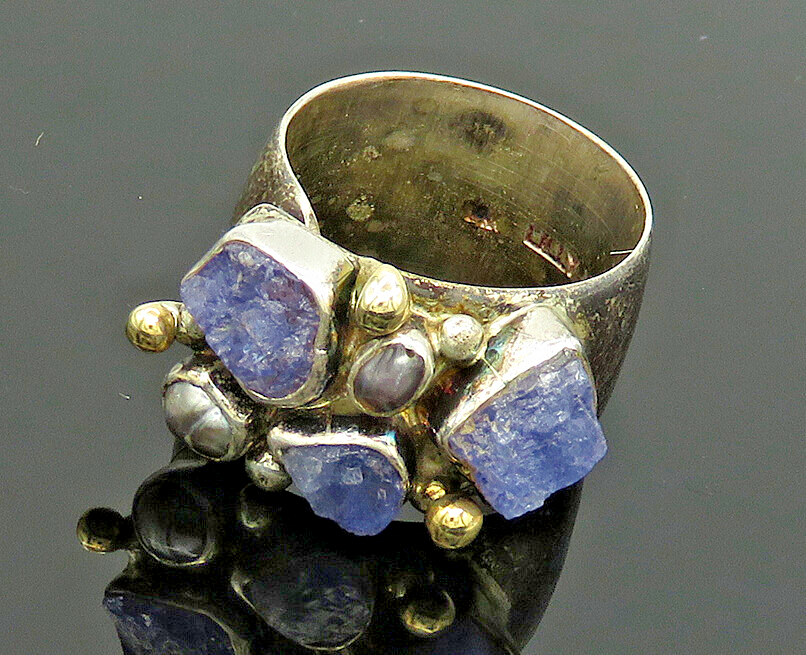 LILLY BARRACK 925 Silver & 14K GOLD  Vintage Tanzanite Band Ring Sz 8  RG20013