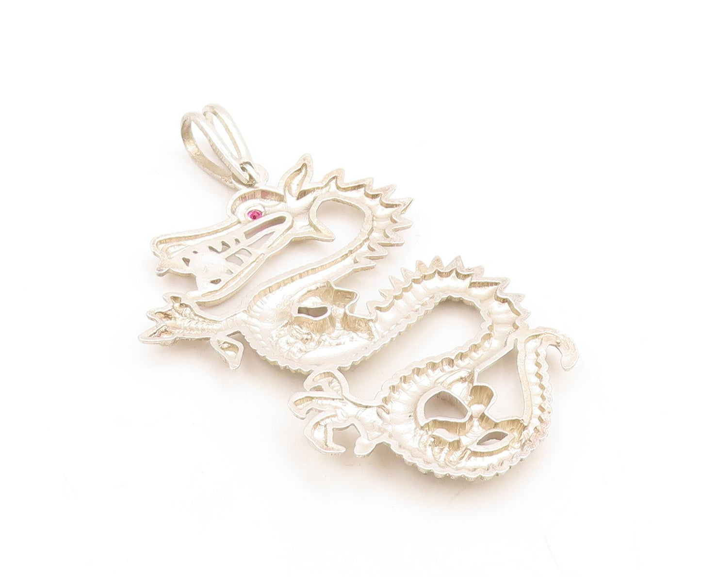 925 Sterling Silver Vintage Pendant Carved Large CZ Eyed Chinese Dragon  PT23812