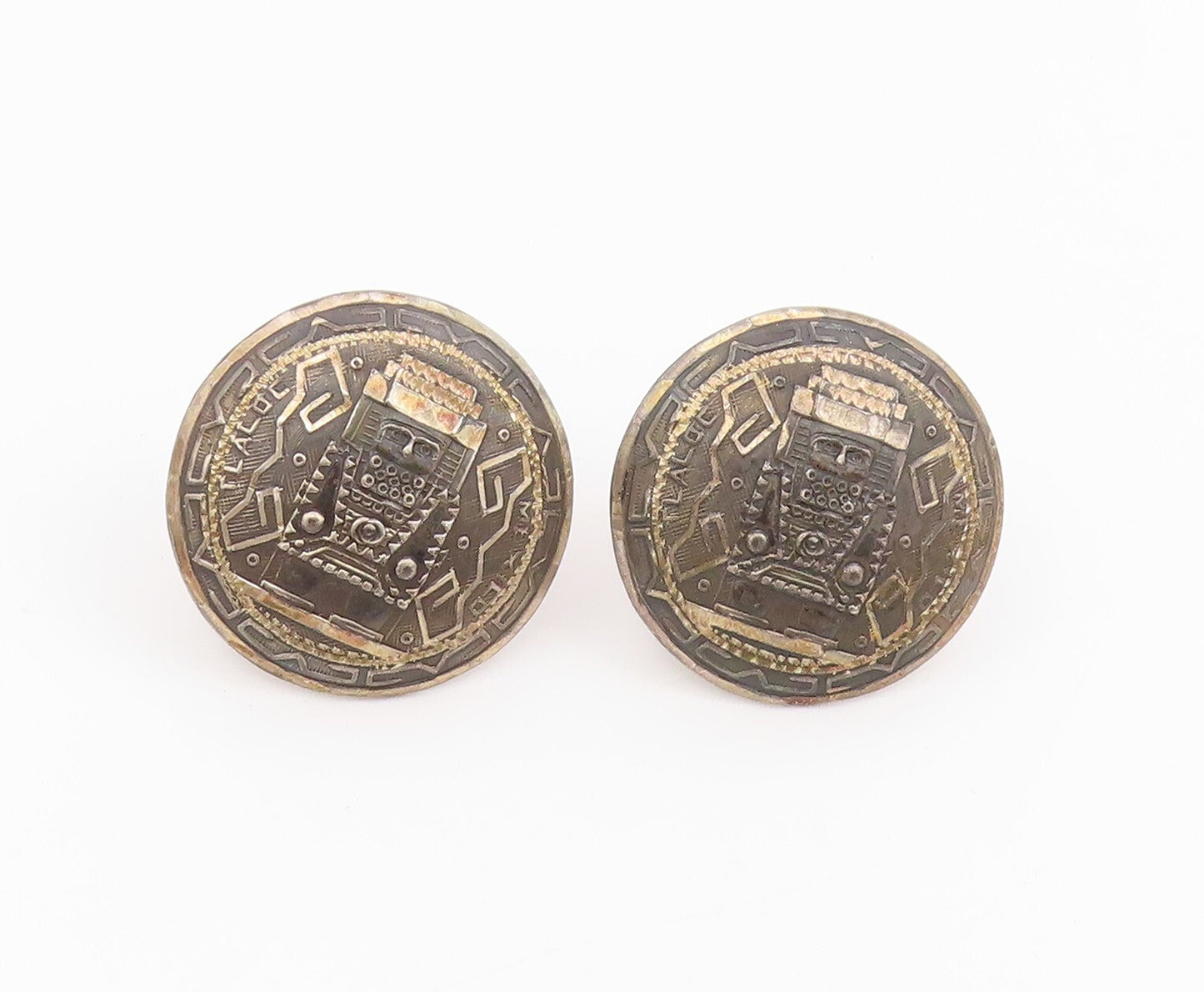 925 Sterling Silver Vintage Cuff Links Dark Tone Trible Face Carved  TR3881