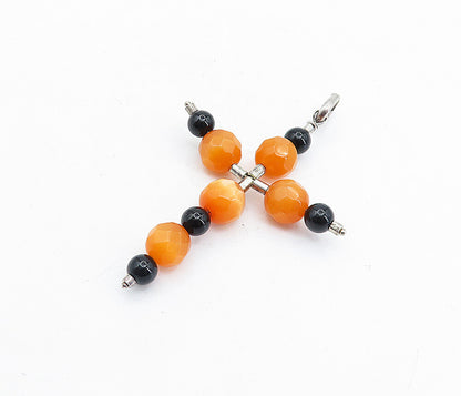 925 Sterling Silver  Black Onyx & Orange Cat's Eye Beaded Cross Pendant PT4643