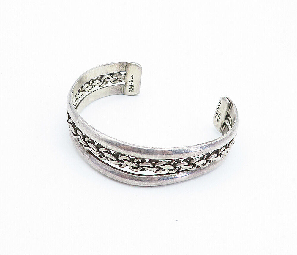 MEXICO 925 Sterling Silver  Vintage Dark Tone Twist Cuff Bracelet  BT2930