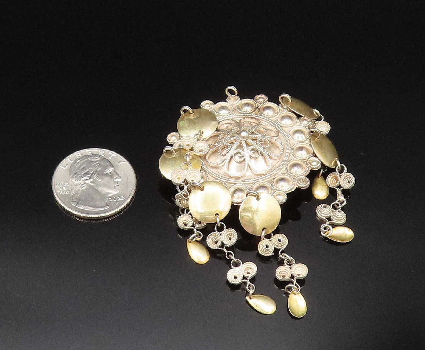 NORWAY 925 Silver  Vintage Two Tone Beaded Floral Disc Brooch Pin  BP9670