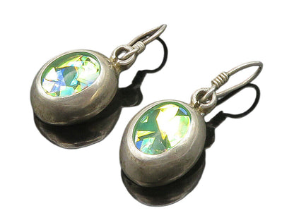 MEXICO 925 Sterling Silver  Vintage Shiny Glass Art Oval Drop Earrings  EG7845