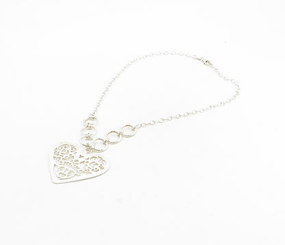 925 Sterling Silver  Shiny Cutout Swirl Love Heart Chain Necklace  NE1721