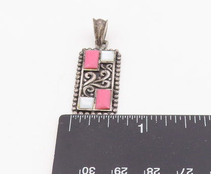 925 Sterling Silver Vintage Pendant Mother Of Pearl & Opal Scrollwork  PT25870