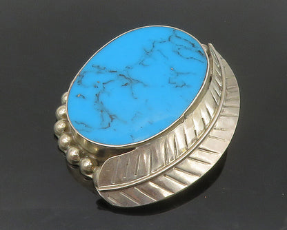 MEXICO 925 Sterling Silver  Vintage Turquoise Floral Leaf Brooch Pin  BP5276