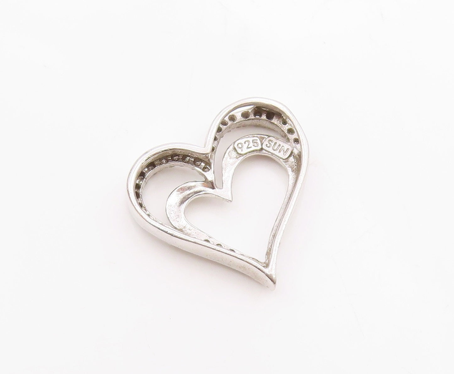 925 Sterling Silver  Vintage Genuine Diamonds Open Love Heart Pendant  PT16261