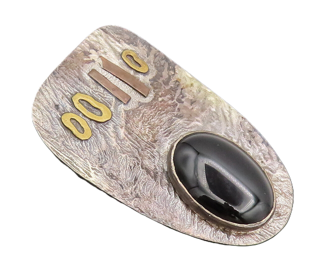 925 Sterling Silver  Vintage Modernist Hammered Large Onyx Brooch Pin  BP10319