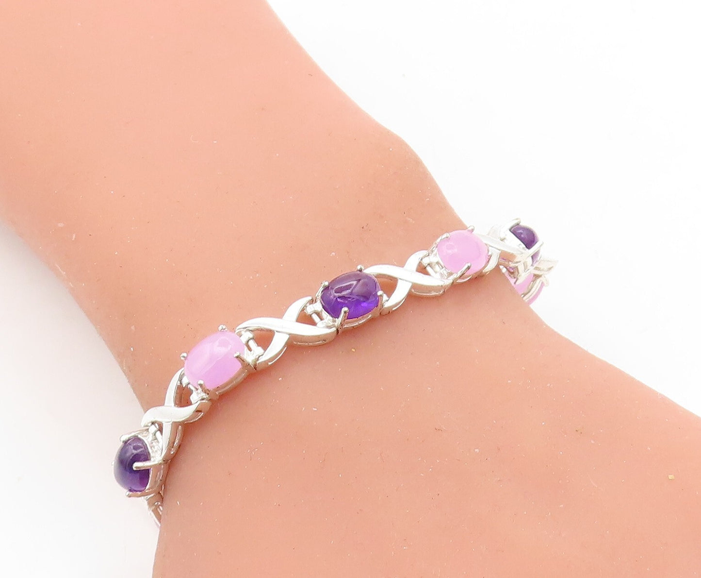 925 Sterling Silver  Cabochon Cut Amethyst Polished Chain Bracelet  BT3096
