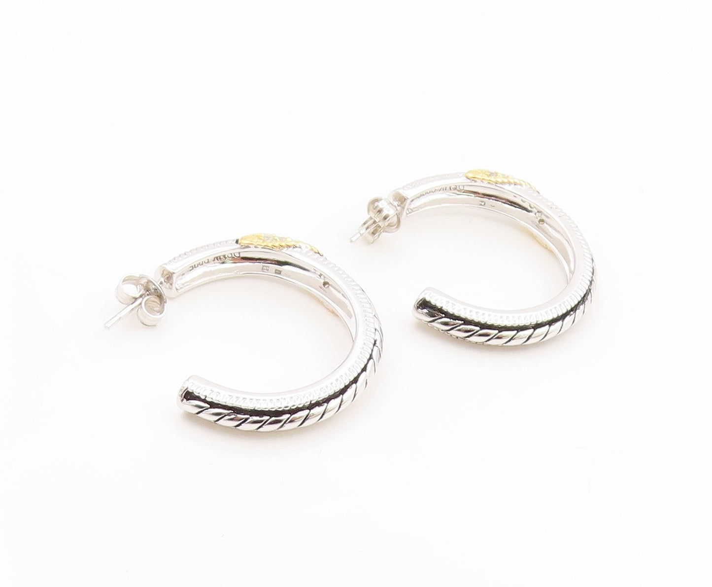 925 Sterling Silver Vintage Earrings Two Tone CZ Twisted Cable Hoops  EG14347