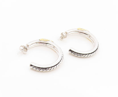 925 Sterling Silver Vintage Earrings Two Tone CZ Twisted Cable Hoops  EG14347