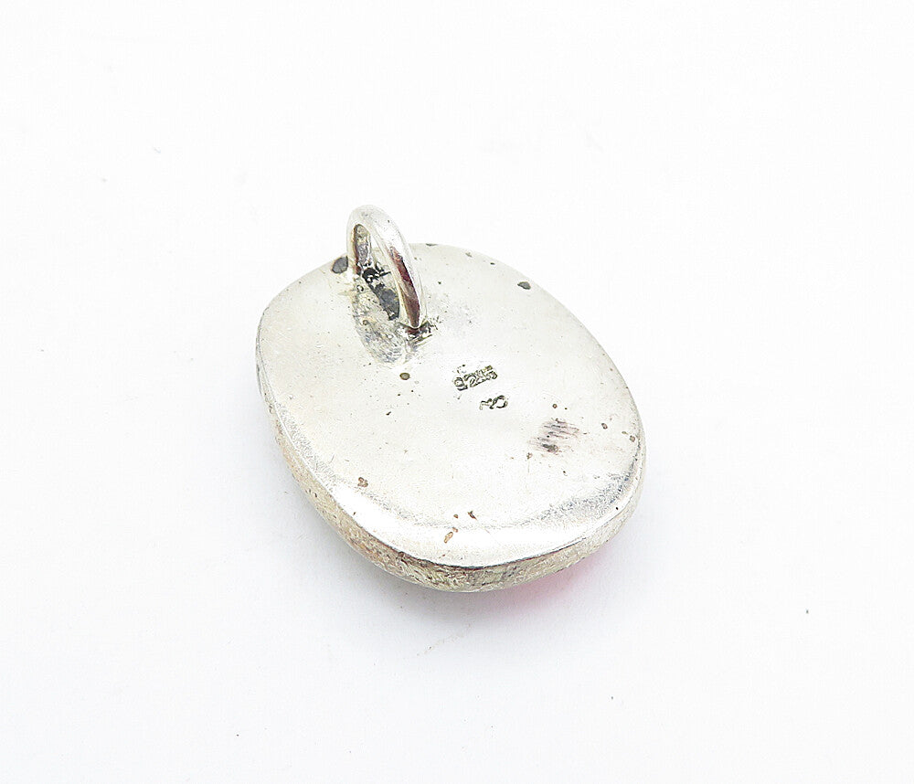 925 Silver Vintage Mother Of Pearl Rhodochrosite & Jade Mosaic Pendant PT3873