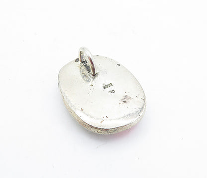 925 Silver Vintage Mother Of Pearl Rhodochrosite & Jade Mosaic Pendant PT3873