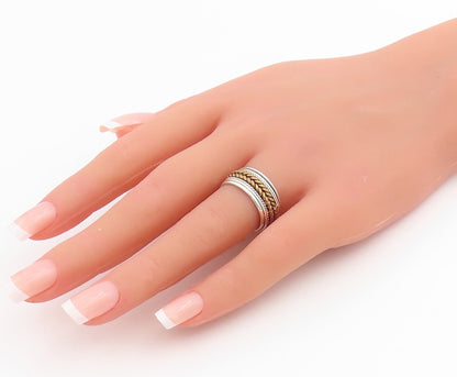 925 Sterling Silver Vintage Ring Two Tone Braided Spinning Band  Sz 7  RG33898
