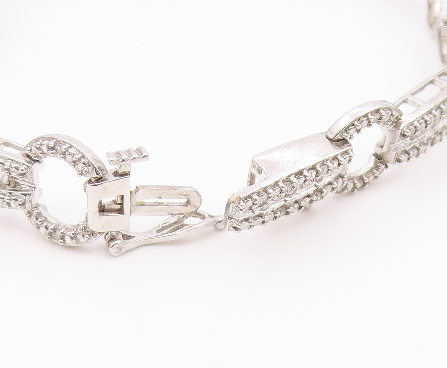 925 Sterling Silver Vintage Bracelet Real Diamonds Geometric Link Chain  BT12176