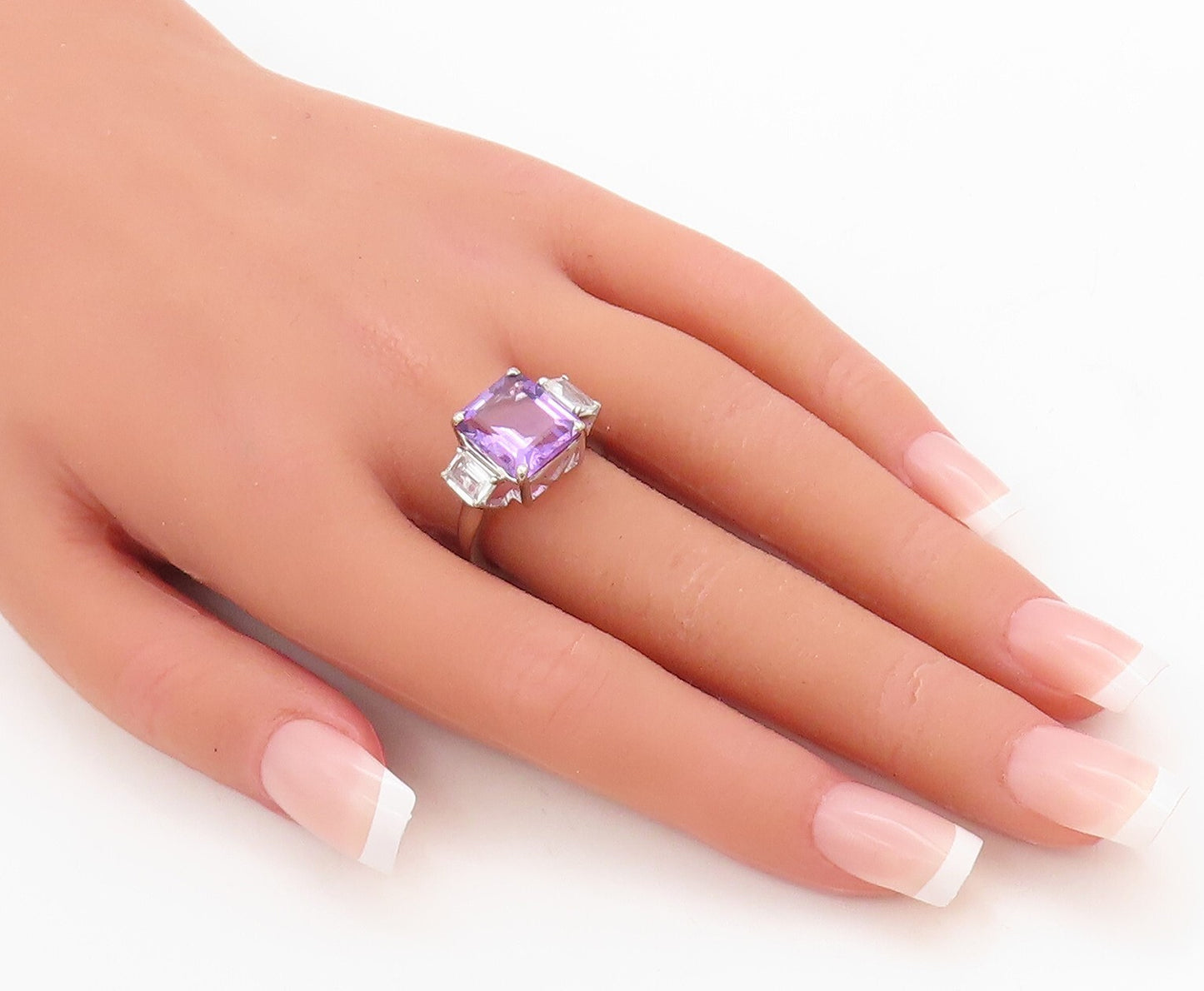 925 Sterling Silver Vintage Ring Rectangle Cut Amethyst & CZ  Sz 7  RG30555