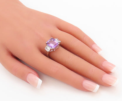 925 Sterling Silver Vintage Ring Rectangle Cut Amethyst & CZ  Sz 7  RG30555