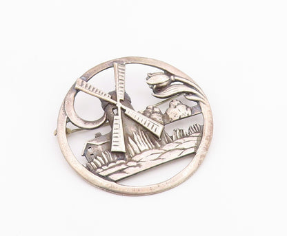 925 Sterling Silver  Vintage Windmill Floral Scene Round Brooch Pin  BP3640