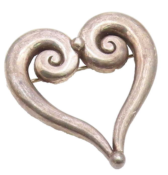 JOHANNES HANIAS 925 Silver  Vintage Swirled Love Heart Brooch Pin  BP9726