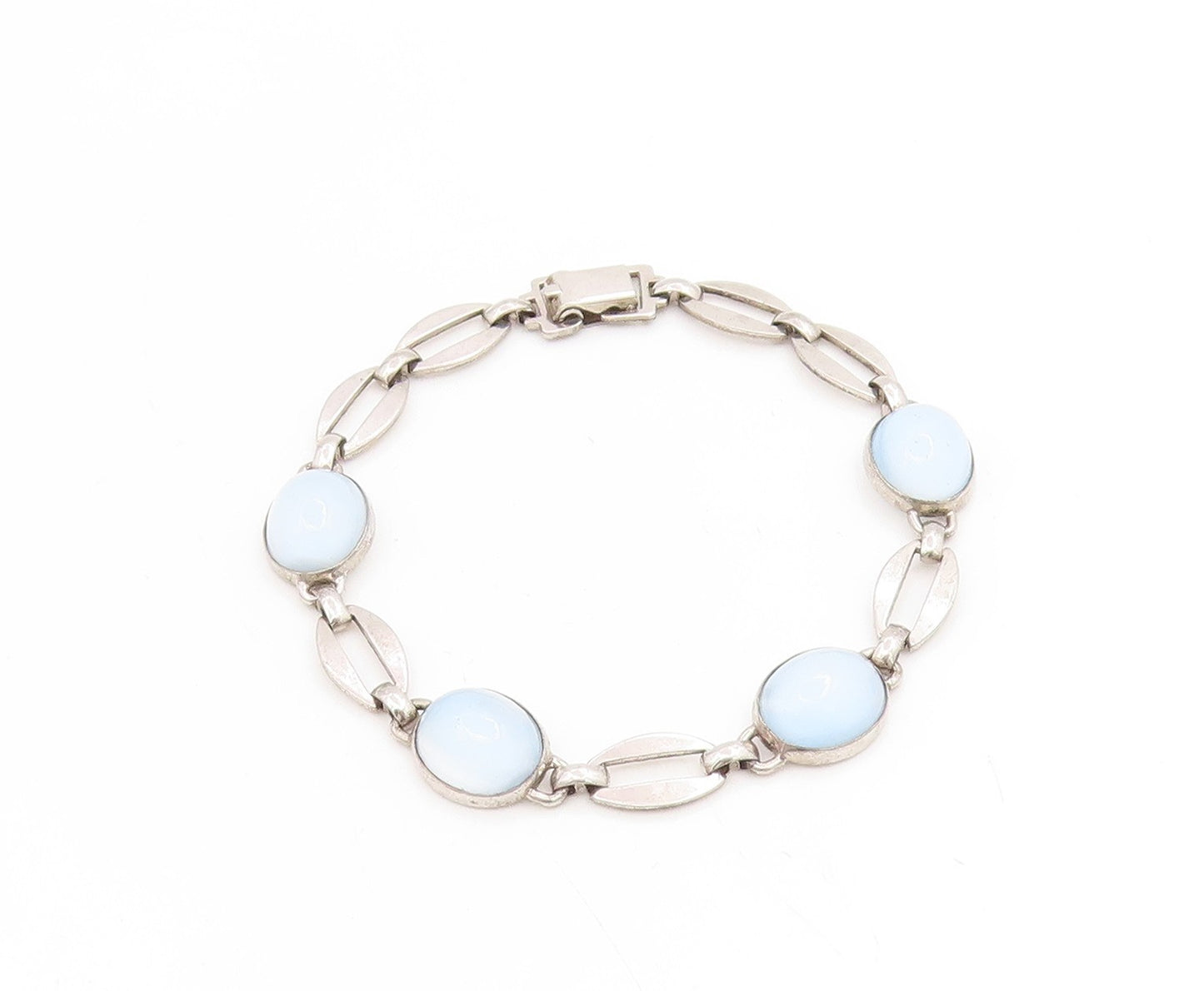925 Sterling Silver Vintage Bracelet Cabochon Cat Eye Elegant Link  BT11753