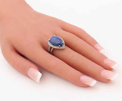 925 Sterling Silver Vintage Ring Diamonds & Drop Cut Sapphire  Sz 7  RG30610