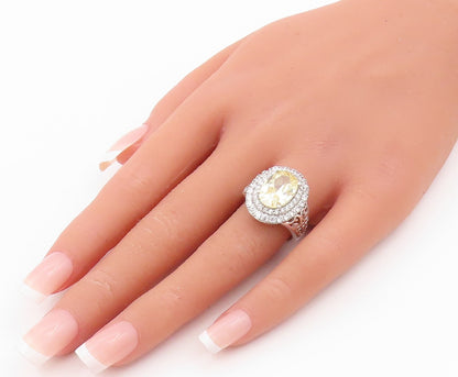 925 Sterling Silver Vintage Ring Oval Cut Citrine Halo CZ Bands  Sz 7.5  RG31771