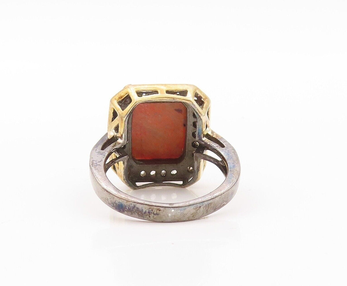 925 Sterling Silver Vintage Ring Square Orange Gemstone & Diamonds Sz 7  RG30180