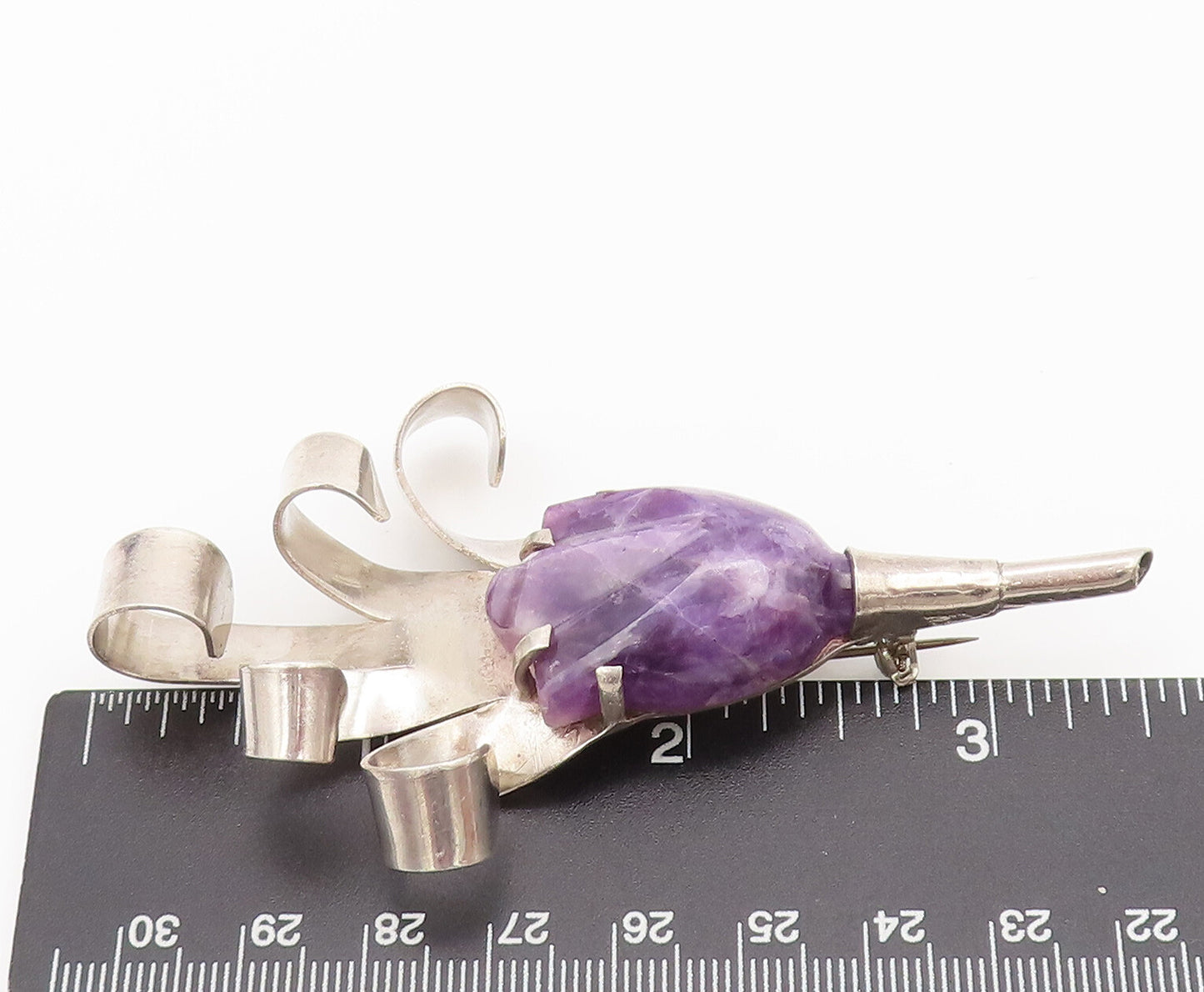 925 Sterling Silver  Vintage Carved 3D Amethyst Flower Brooch Pin  BP10433