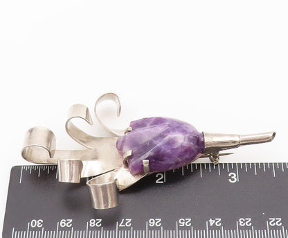 925 Sterling Silver  Vintage Carved 3D Amethyst Flower Brooch Pin  BP10433