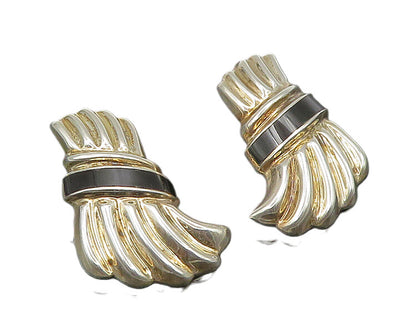 MEXICO 925 Silver  Vintage Black Onyx Fluted Non Pierce Earrings  EG11205