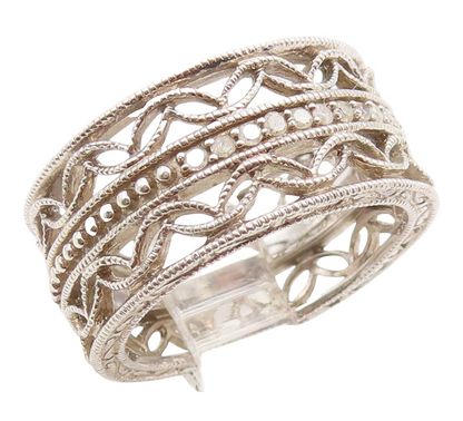 925 Sterling Silver Vintage Ring Real Diamonds Floral Scroll Band  Sz 5  RG36210