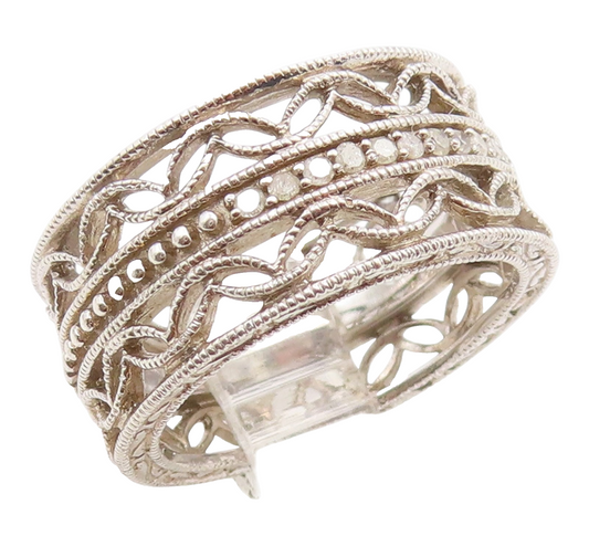 925 Sterling Silver Vintage Ring Real Diamonds Floral Scroll Band  Sz 5  RG36210