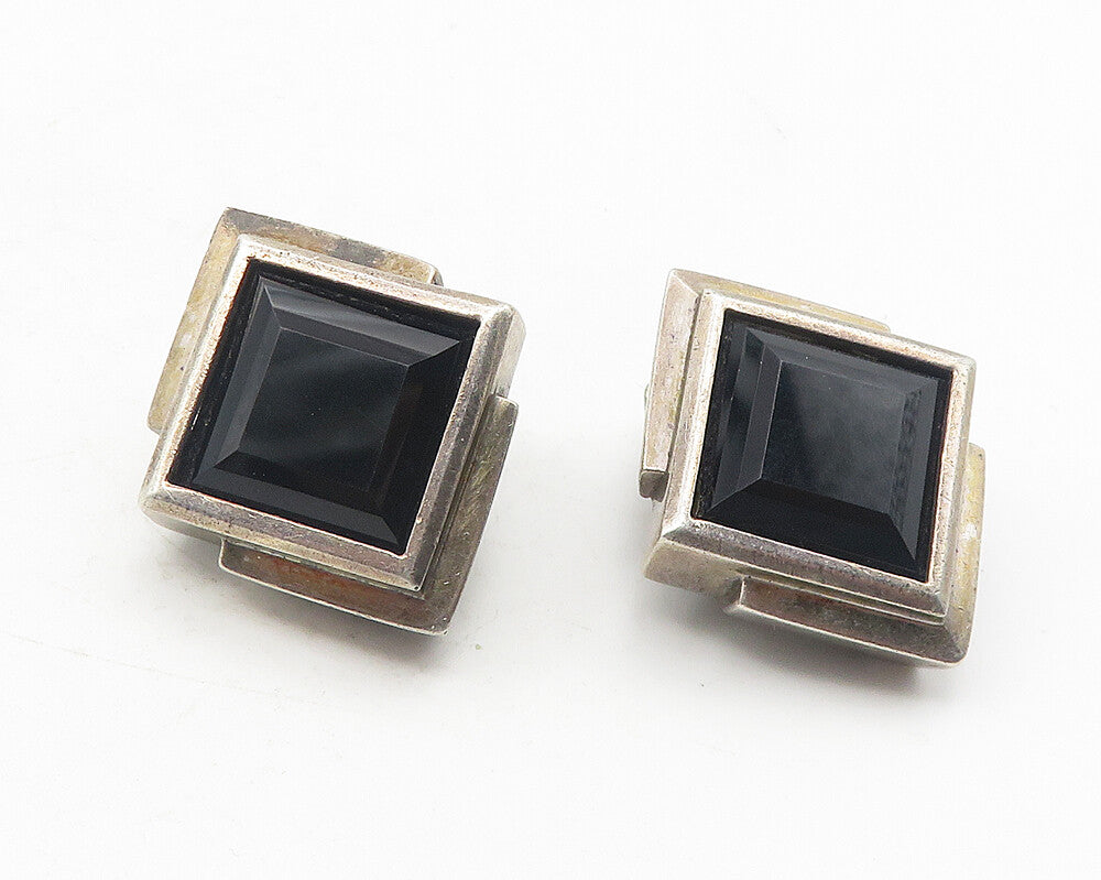 925 Sterling Silver  Vintage Black Hematite Square Non Pierce Earrings  EG6252