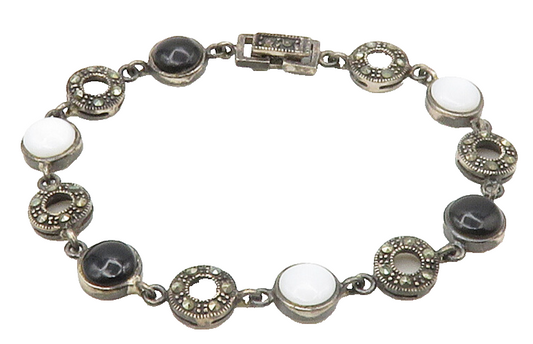 925 Silver  Vintage Mother Of Pearl Onyx & Marcasite Chain Bracelet  BT6527