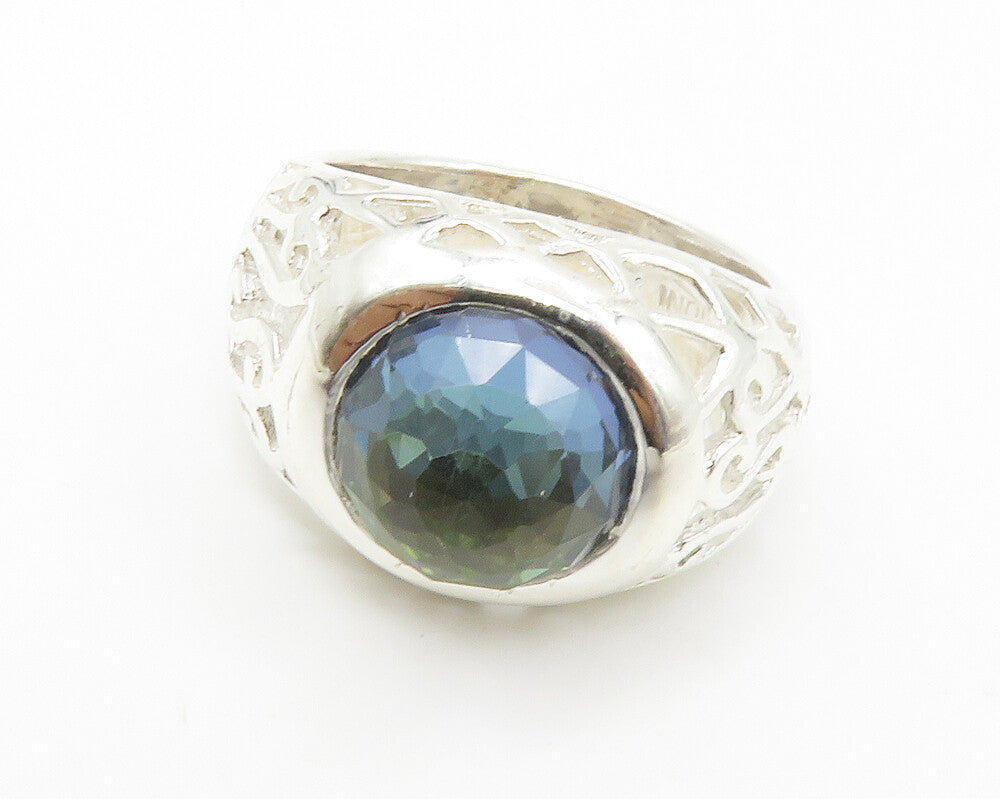 925 Sterling Silver  Cabochon Topaz Shiny Cutout Cocktail Ring Sz 6  RG14137