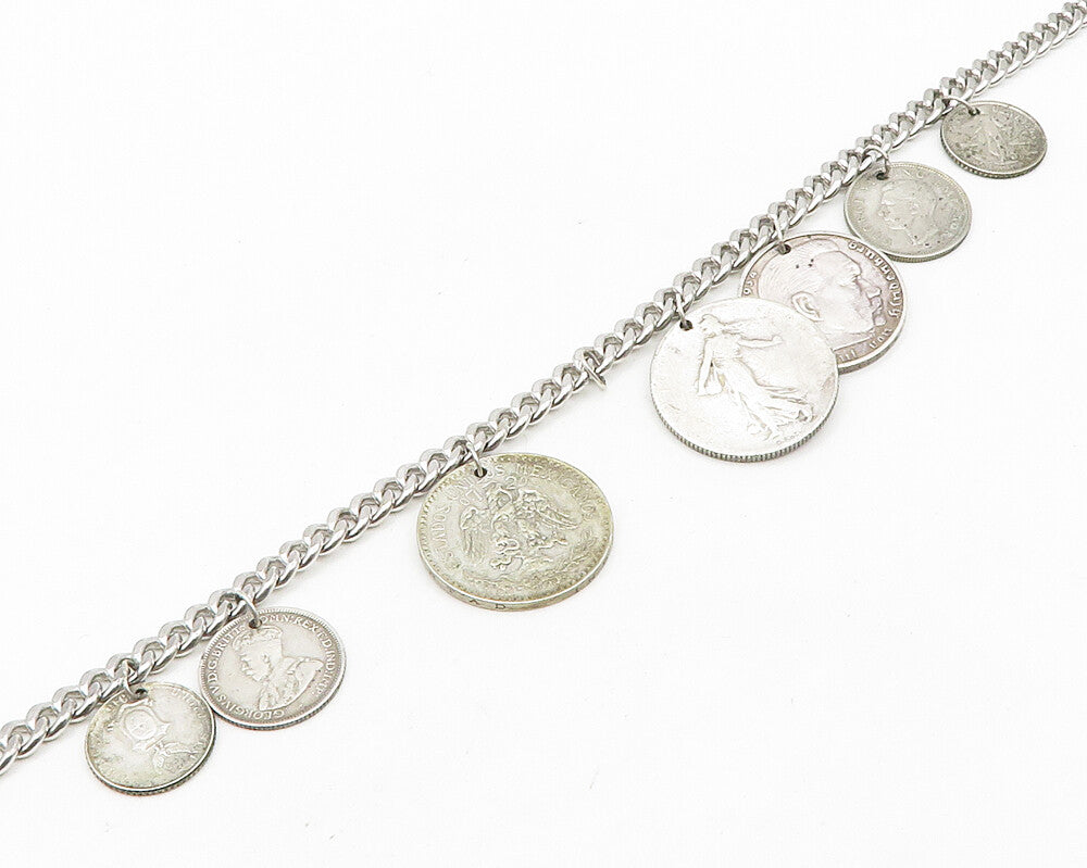 925 Sterling Silver  Vintage Different Countries Coins Chain Necklace  NE2943