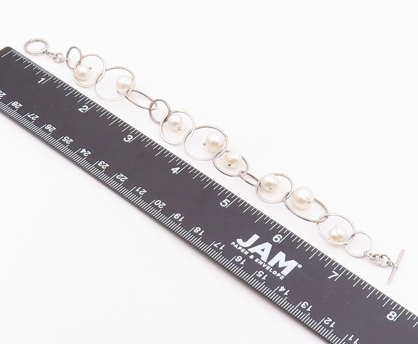 925 Sterling Silver  Vintage Cultured Pearl Open Circle Chain Bracelet  BT8935